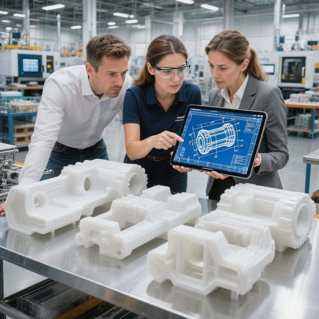 Our team reviews a plastic product blueprint in our modern facility.